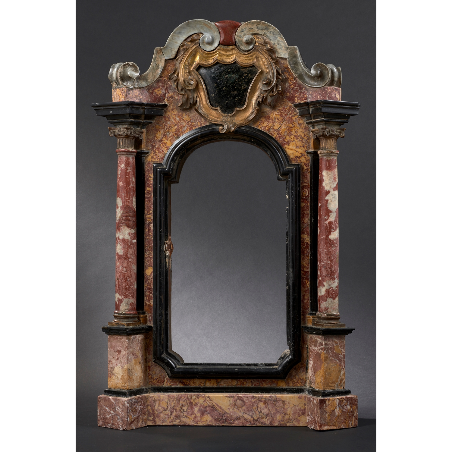 RARE BAROQUE TABERNACLE WITH BELGIUM BLACK MARBLE ORNATED WITH MARQUETRY OF MARBLES AND GILT BRONZE   ITALY 17th CENTURY