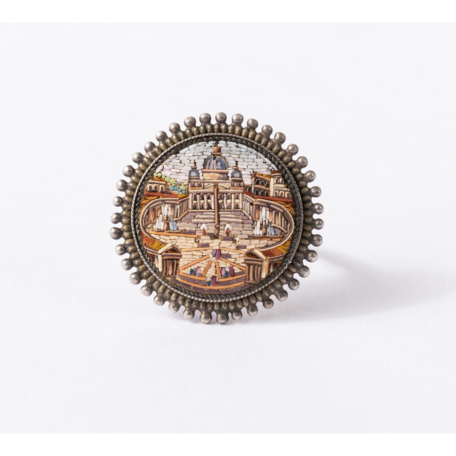 UNIQUE RING WITH A CIRCULAR BROOCHE BORDERED WITH SILVER PEARLS REPRESENTING SAINT PETER OF ROME INSERTED WITH MICROMOSAIC
