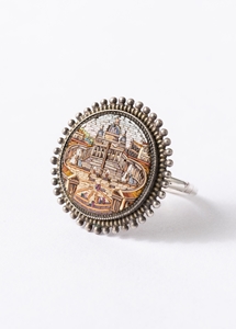 UNIQUE RING WITH A CIRCULAR BROOCHE BORDERED WITH SILVER PEARLS REPRESENTING SAINT PETER OF ROME INSERTED WITH MICROMOSAIC