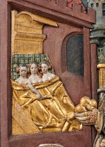 Circle of JÖRG LEDERER   (1470 - Kaufbeuren, 1550) ALTARPIECE PANELS WITH THE MARTYRDOM OF SAINT CATHERINE, SAINT NICOLAS  AND THE THREE YOUNG GIRLS 